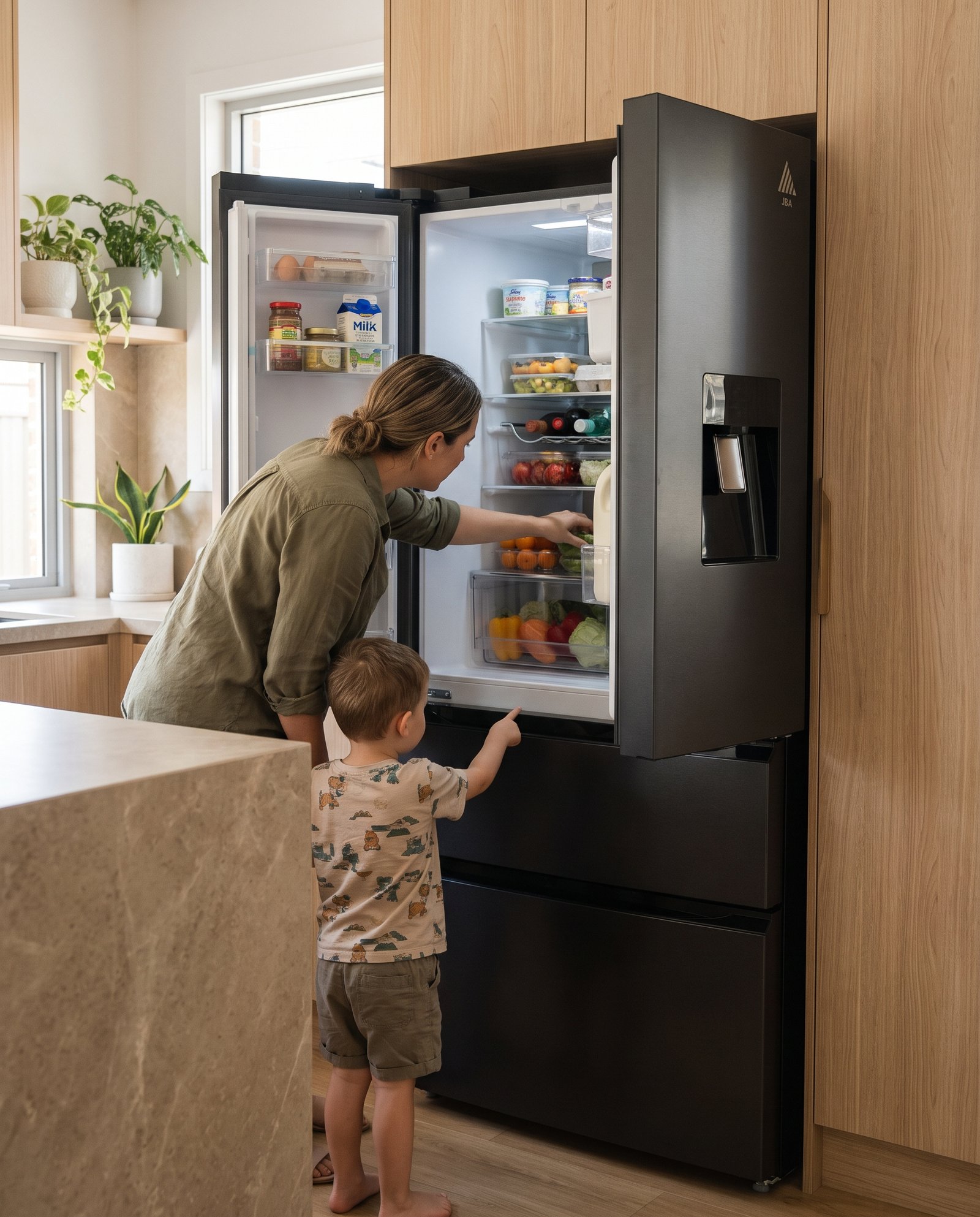 Parent and child using the JBA 534L French door fridge