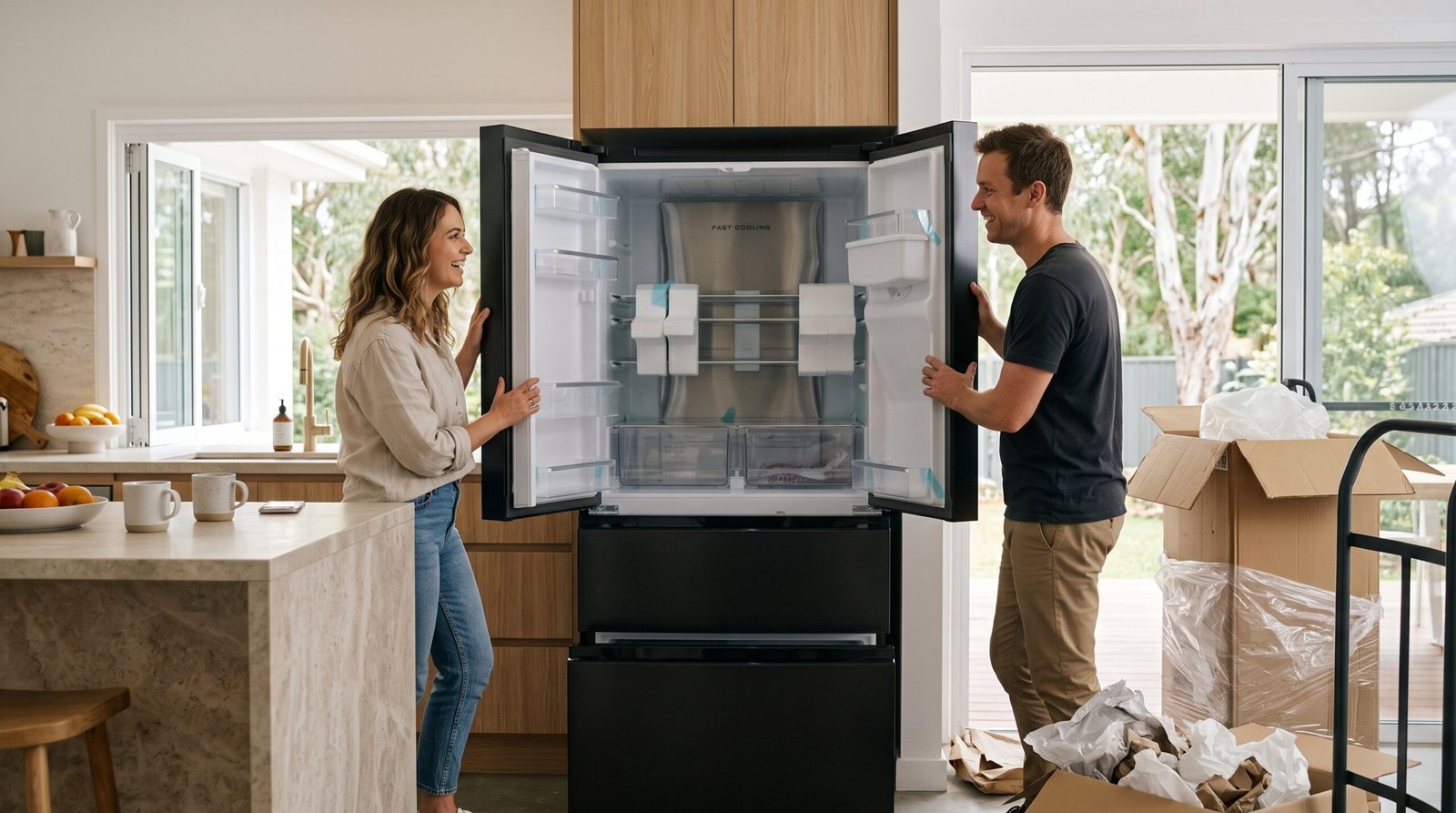 Couple opening their newly delivered JBA 534L French door fridge