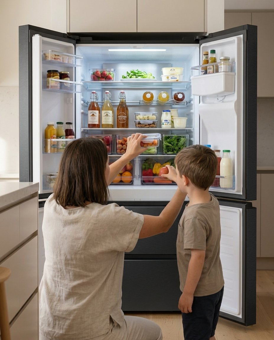 Parent and child at the open JBA French door fridge