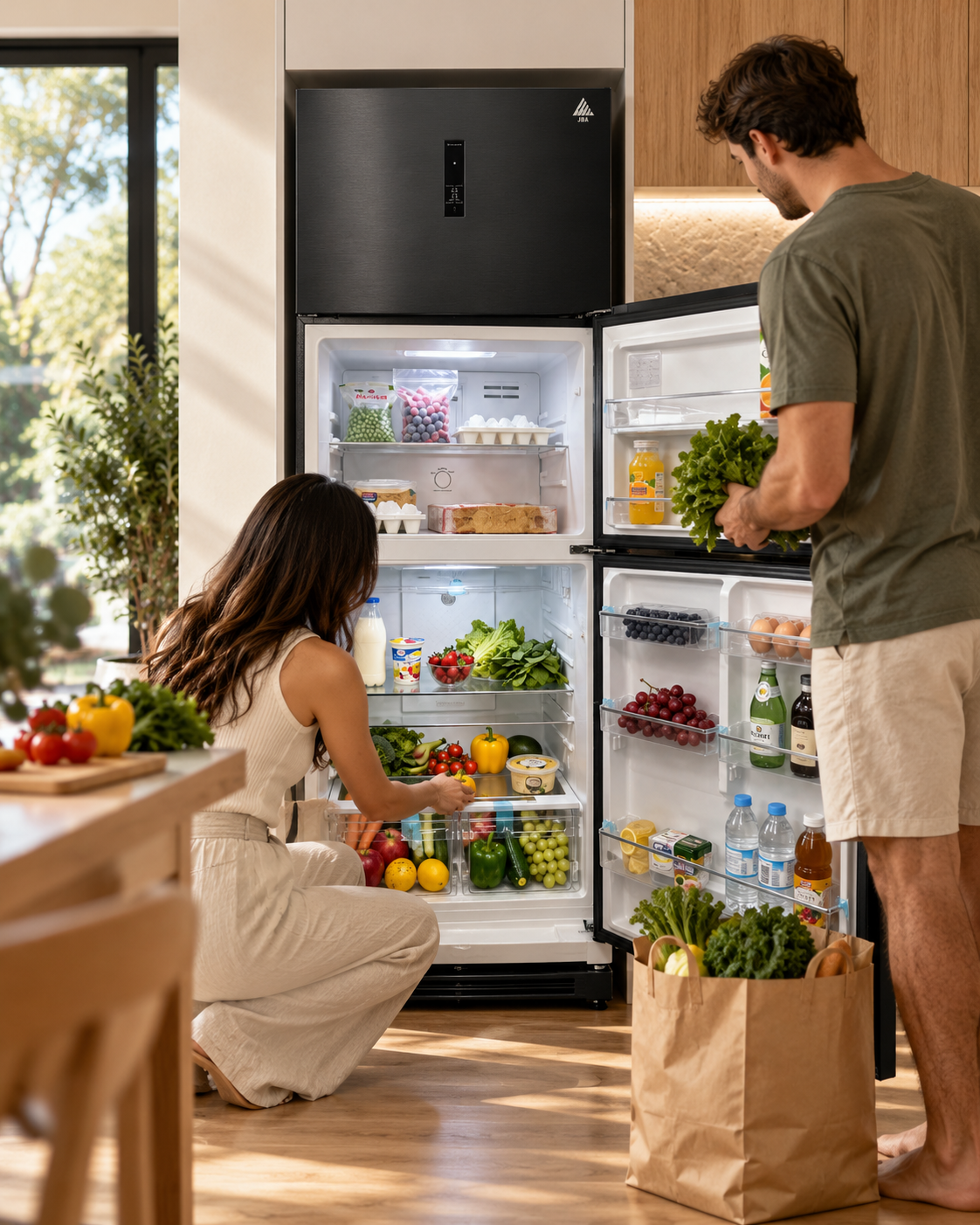 Family putting groceries into the JBA 500L double door fridge