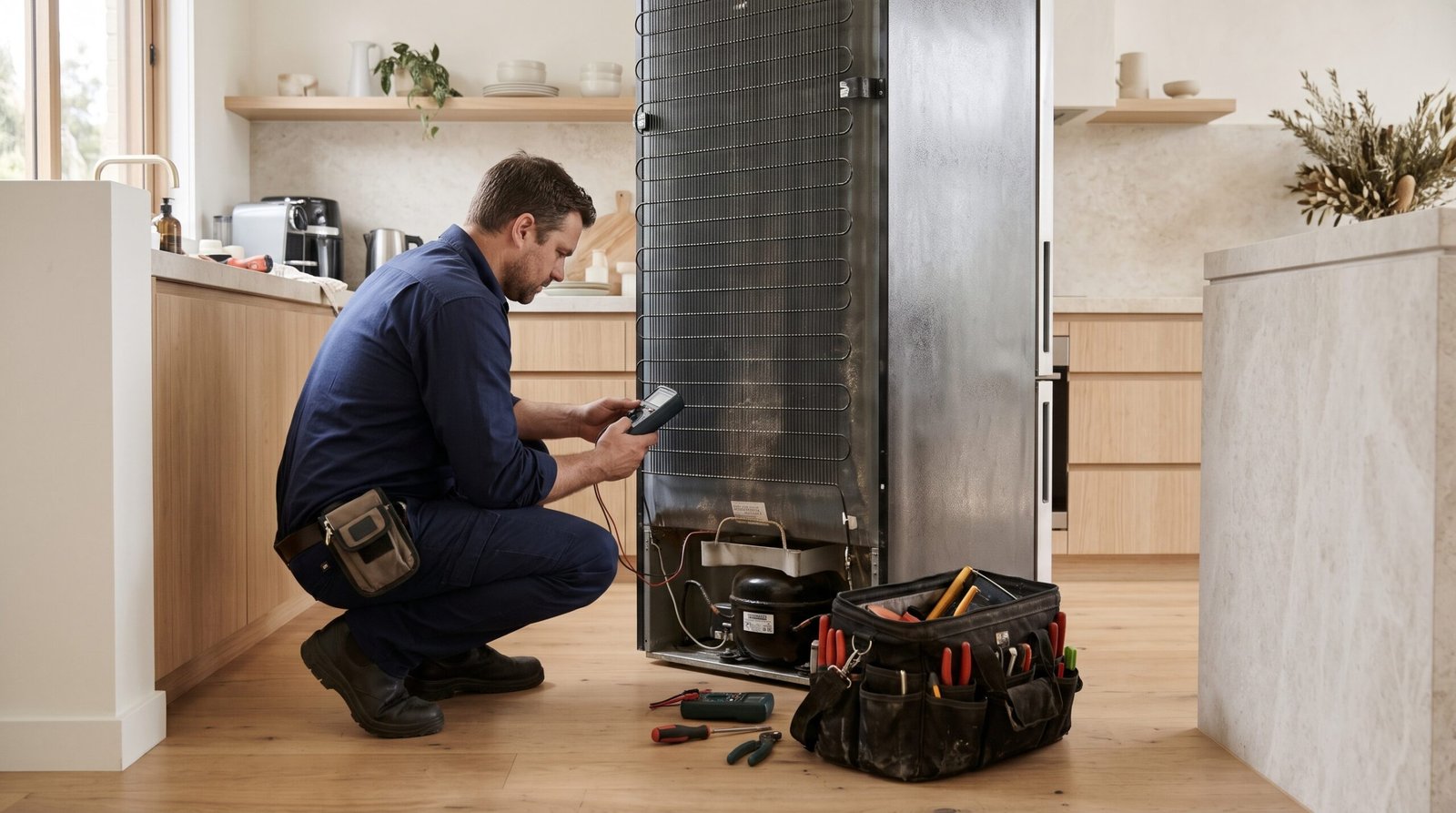 JBA technician repairing a fridge in a customer's kitchen