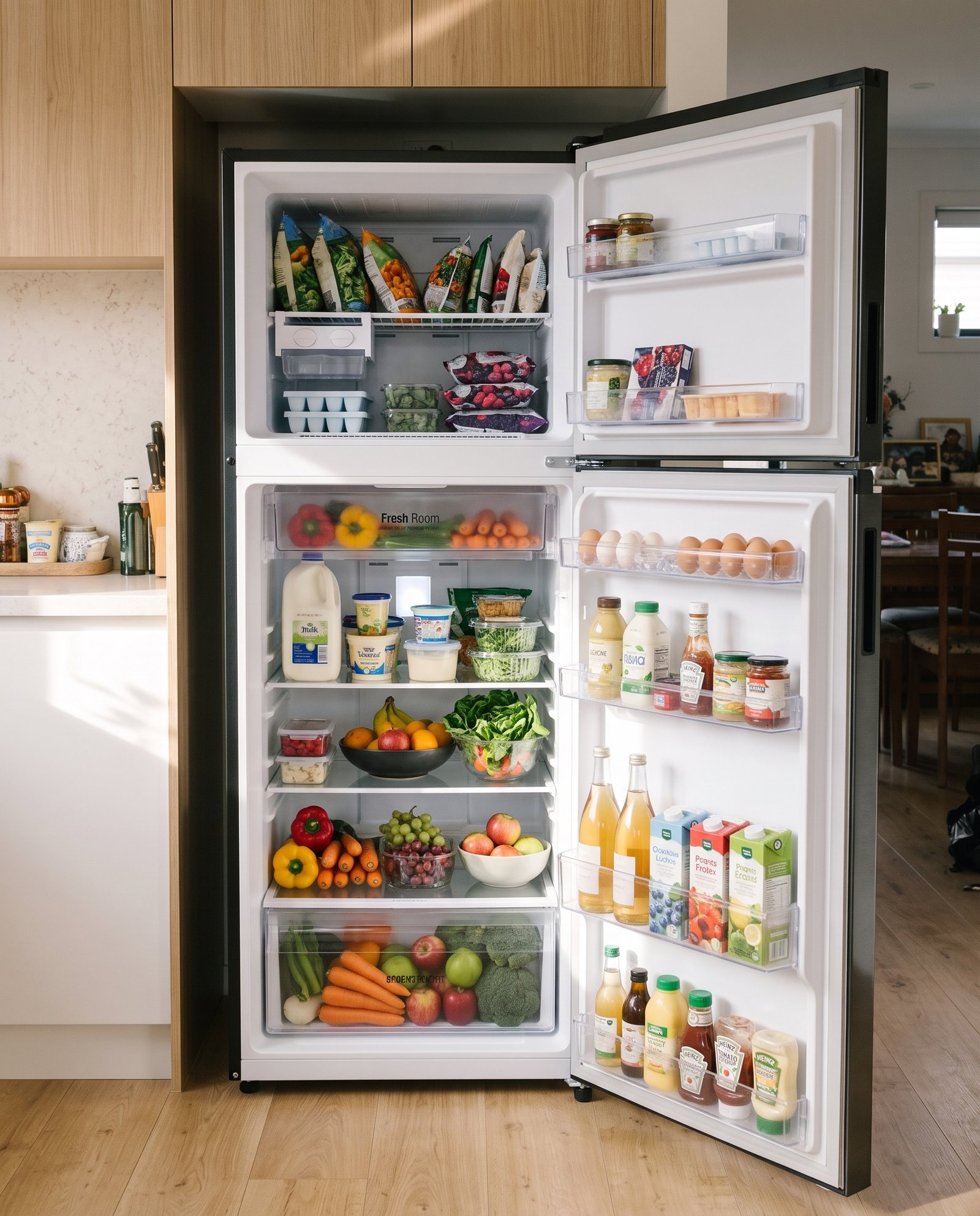 JBA 500L top mount fridge with the doors open