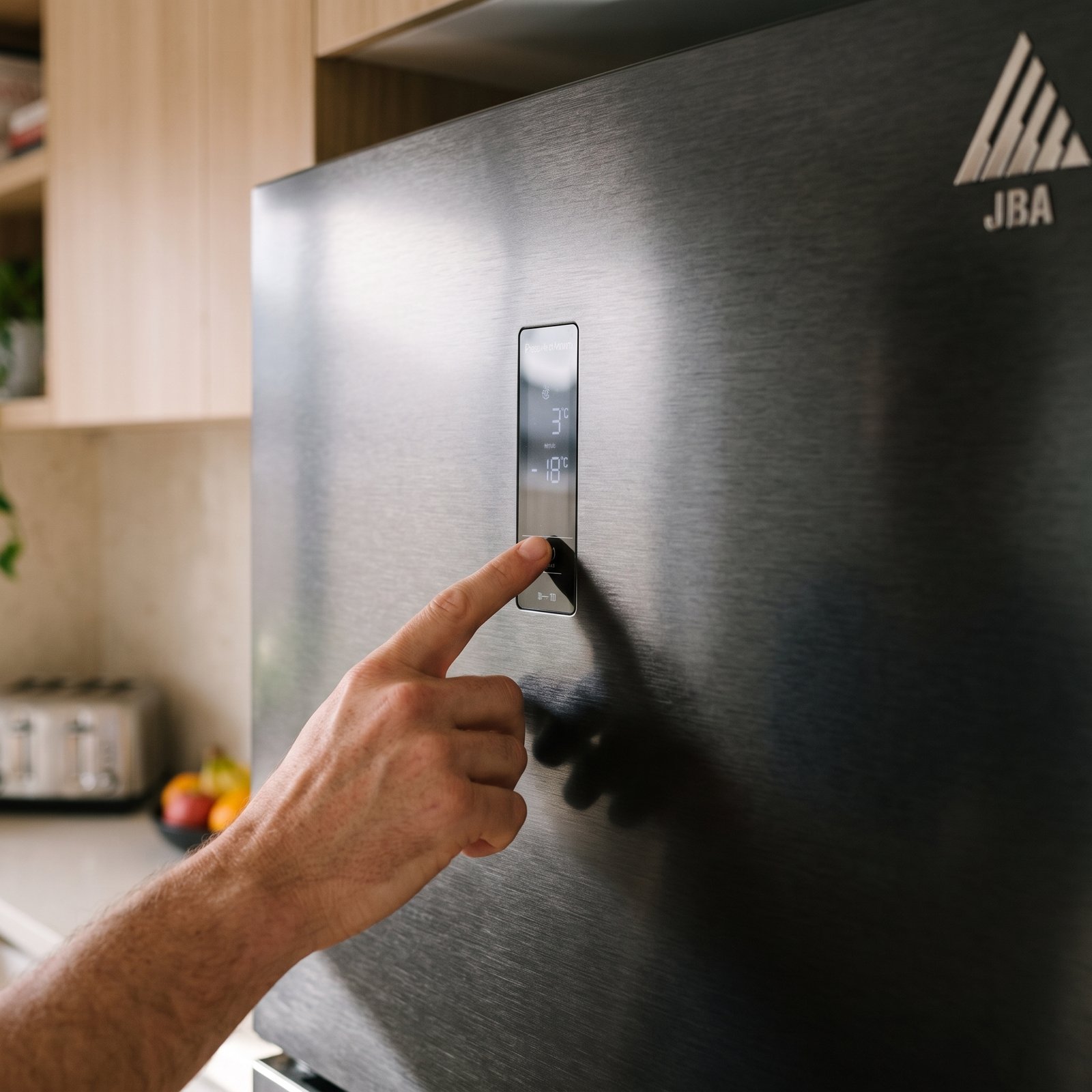 Close-up of the digital control panel on the JBA 500L fridge